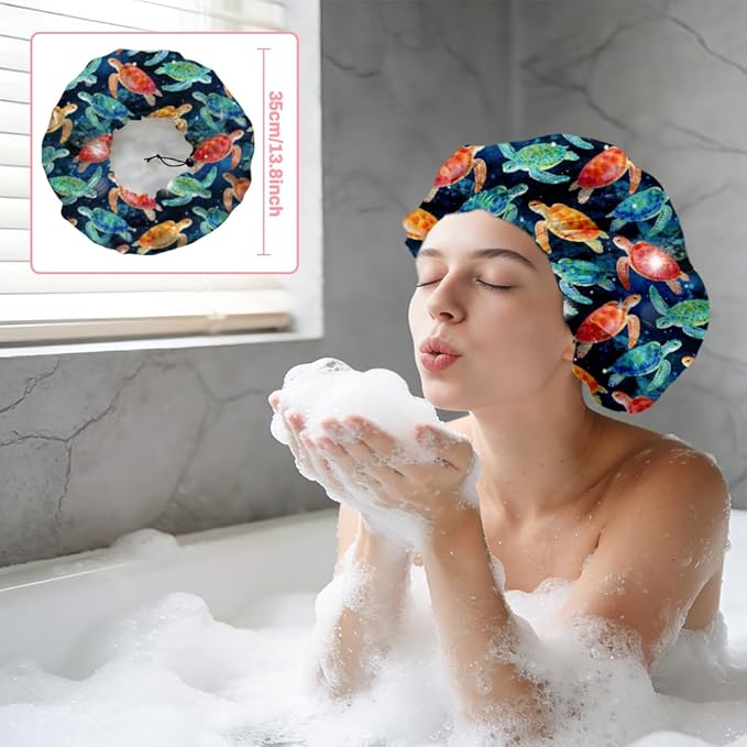 Sea Turtle Reusable Shower Cap Ocean Double Layer Waterproof Shower Caps Large Elastic Hair Cover Adjustable Hair - Drying Caps for Woman Man Bath SPA Travel One Size Fits Most
