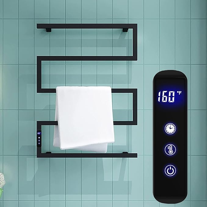 Towel Warmer Rack for Bathroom with Timer/Fahrenheit Temperature Control Wall Mounted Electric Heated 5 Bar Rail Plug-in or Hardwired Keep Bath Shower Towel Warming (Matte Black)