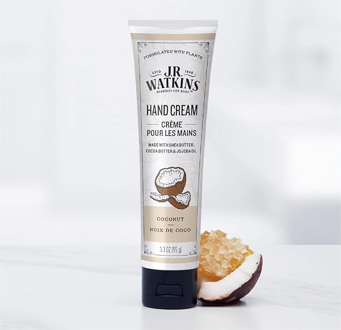 J.R. Watkins Natural Moisturizing Hand Cream, Hydrating Hand Moisturizer with Shea Butter, Cocoa Butter, and Avocado Oil, USA Made and Cruelty Free, 3.3oz, Coconut, Single