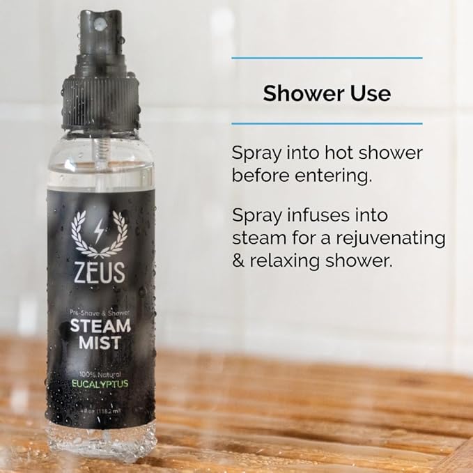 ZEUS 100% Natural Eucalyptus Oil Steam Mist, Aromatherapy Spray for Shower, Sauna, Bath & Pre-Shave, Nasal Relief & Spa-Inspired Wellness (Made in USA) 2 PACK