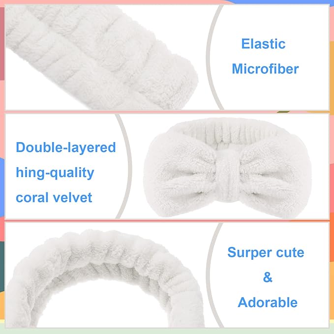 Tigeen 52 Pieces Spa Headband for Washing Face Bulk Soft Coral Fleece Skincare Headband, Bow Makeup Cosmetic Hairband Fluffy Shower Spa Essentials for Girls Women Slumber Supplies(White,Solid Series)