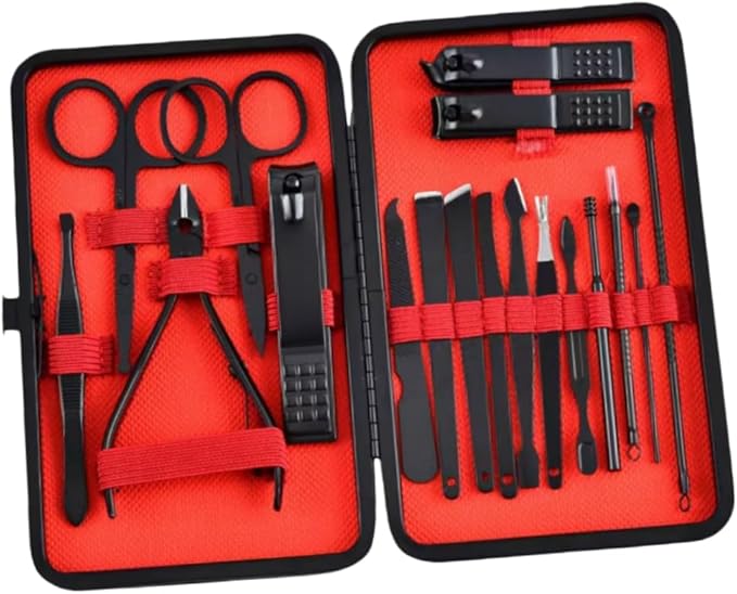 Nail Clippers Set,18 Piece Manicure Set & Pedicure Kit, Stainless Steel Fingernail & Toenail Nail Care Tools with Travel Case for Men and Women (Black red)