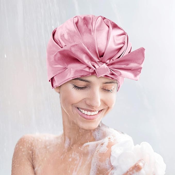 Large Shower Cap for Women Reusable Waterproof Adjustable Shower Caps with Silk Satin Lined Luxury Shower Cap for Long Hair(Pink)