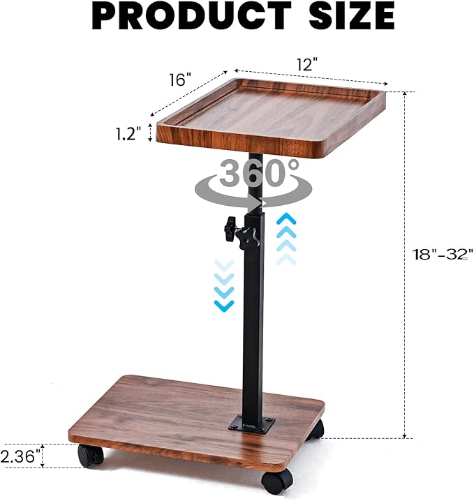 C Table End Table Adjustable Height,C Shaped End for Couch，Snack Tables,360°Swivel TV Tray Sofa Table,Tables that Slide Under,Coffee SideTable for Bed,Chair,Bath-tub (Black Color)