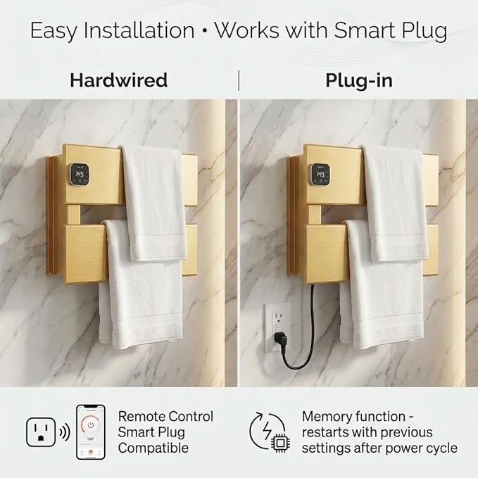 Electric Towel Warmer, Heated Towel Rack with Thermo Control and Timer, Fast Heating Towel Rail for Bathroom with Memroy Function, Work with Smart Plug, Left-Wiring, 2 Panel, Gold