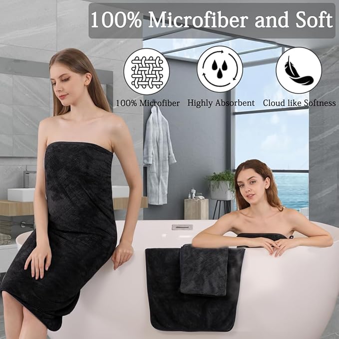 8-Piece Black Bath Towels Set,2 Oversized Large Bath Towels Sheet,2 Hand Towels and 4 Washcloths - 600 GSM Soft Luxury Towel Set,Highly Absorbent Quick Dry Towel Collection for Bathroom,Hotel and Spa