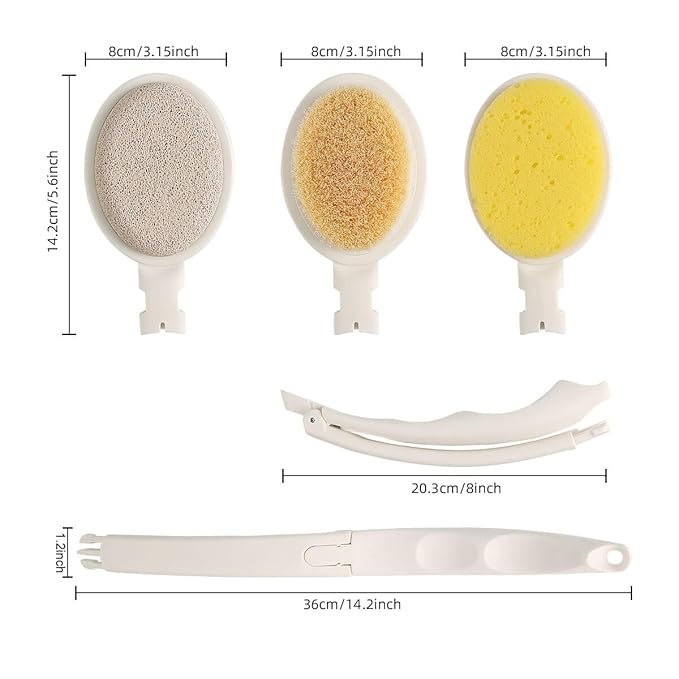 LFJ 19" Long Handle Shower Sponge Brush Set, 3 in 1 Body Brush, Bath Sponge and Lotion Applicator Improved Skin Health, Suitable for Men and Women (White Brush with pumice-1P)