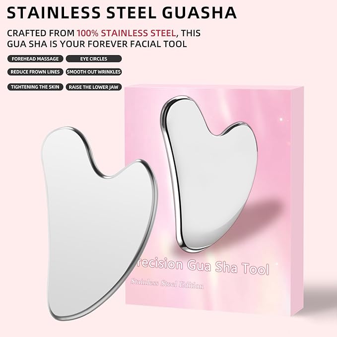 Stainless Steel Gua Sha Facial Tool – Metal Guasha for Face & Body, Jawline Sculpting, Double Chin Reducer, Puffiness Relief, Lymphatic Drainage Massager, Skincare Tool with Travel Pouch
