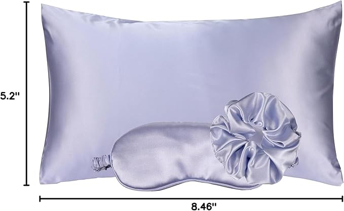 Vegan Silk Sleep Set, Vegan Silk Pillowcase with Large Scrunchie and Eye Mask for Hair and Skin, Self Care Essential Satin Night Routine Kit (Purple Color)