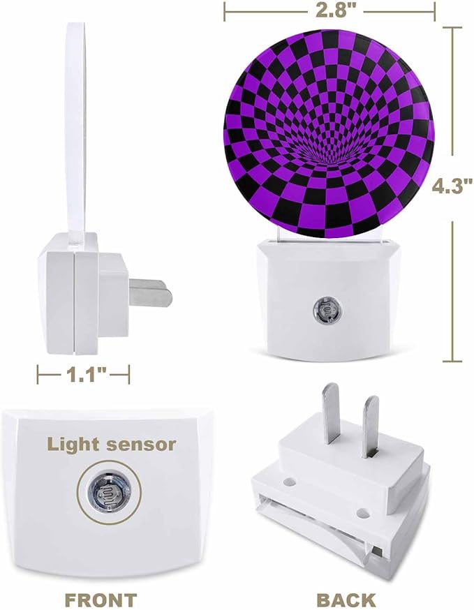 Night Lights Auto Sensor Purple Black Checker Night Light 3D Abstract Mosaic Tiles Round Lamp Plug-in LED Nightlights Dusk to Dawn for Living Room Bedroom Bathroom Hallway Wall Decor