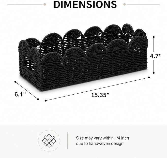 Scalloped Toilet Tank Basket for Back of Toilet, Black Wicker Bathroom Tray for Toilet Paper Storage, Bathroom Organizer for Tank Top, Countertop & Small Spaces