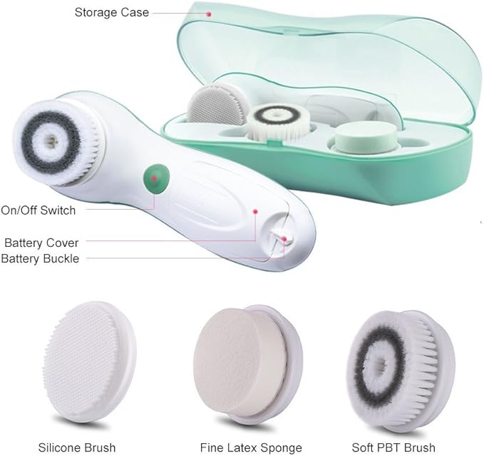 TOUCHBeauty 360° Rotating, 3 in 1 Interchangeable Facial Cleansing Brush Set with Cleansing, Exfoliating and Silicone Brush | 2-Speed, Travel Case, Cordless, Waterproof