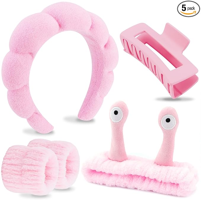 VELSCRUN Spa Headband, Makeup Face Wash Skincare Headbands, 5 Pcs Sponge Get Ready Snail Hairband Facial Wristband Hair Clip Set, Stuff for Teen Girls Women Trendy Hair Accessories Sakura Pink
