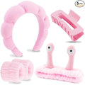 VELSCRUN Spa Headband, Makeup Face Wash Skincare Headbands, 5 Pcs Sponge Get Ready Snail Hairband Facial Wristband Hair Clip Set, Stuff for Teen Girls Women Trendy Hair Accessories Sakura Pink