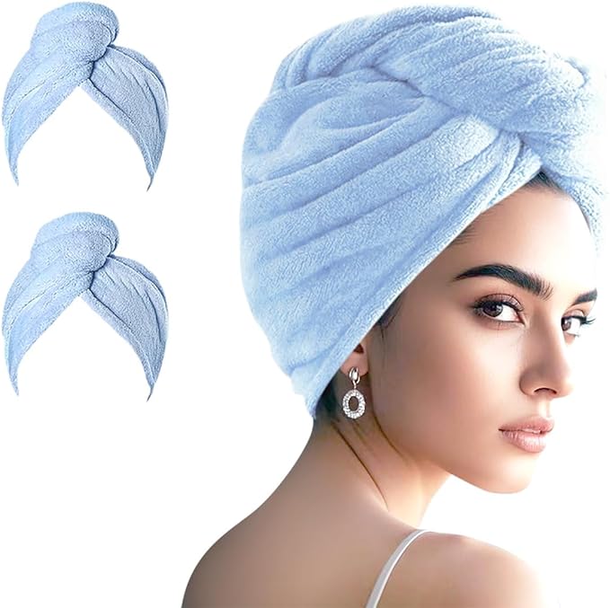 Microfiber Hair Drying Towel Wrap for Women, Hair Turbans Towel for Wet Hair,turbie Twist Hair Towels(The Color of the Picture is for Reference only) (Blue,Blue)