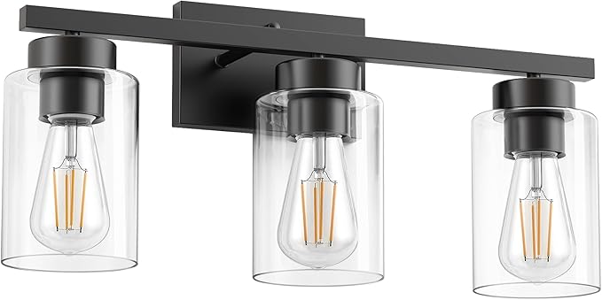 PARTPHONER 3-Light Bathroom Light Fixtures, Matte Black Vanity Light with Clear Glass Shade, Modern Wall Sconce for Mirror Bedroom Living Room Hallway Lighting
