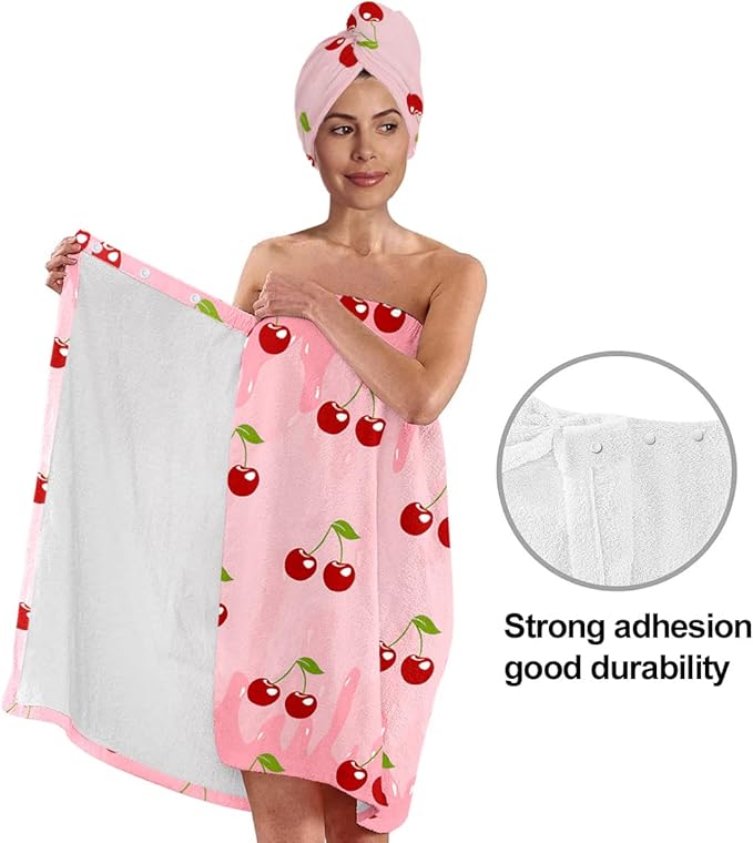 Women’s Cherry Print Bath Wrap and Hair Towel Set, Soft Absorbent Microfiber Shower Body Skirt with Elastic Closure, Quick-Dry Lightweight Spa Towel Outfit for Home, Gym & Travel (Cherry 9)