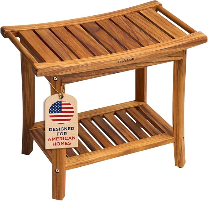 Premium 22" Teak Wood Shower Bench with Shelf, 2-Tier Waterproof Teak Shower Stool, Non-Slip Feet for Enhanced Safety, Spa Bath Seat for Bathroom, Indoor & Outdoor Use, 300 lb Capacity
