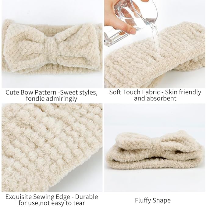 AHONEY 4 Pack Skin Care Facewash Headbands Women Girls Microfiber Spa Elastic Towel Facial Makeup Headbands for Washing Face (Bow)