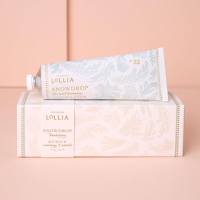 LOLLIA Snowdrop Handcreme, 4 oz, 113 g, Winterberry & Cashmere Fragrance, Luxury Shea Butter & Cocoa Butter Hand Moisturizer, Scented Hand Cream, Lotion for Women