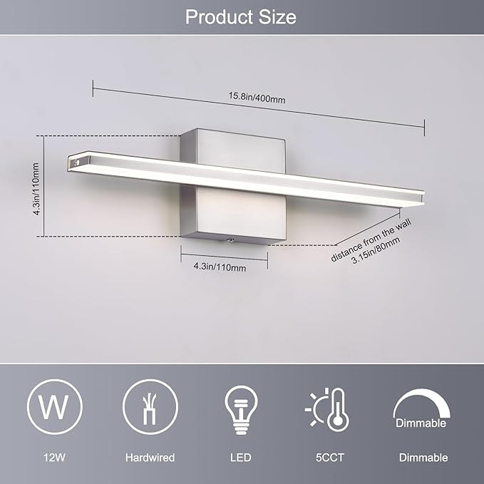 LED Brushed Nickel Vanity Lights for Bathroom Light Fixtures 5CCT Dimmable Vanity Light Bar Bathroom Lighting 15.7' Inch 12W