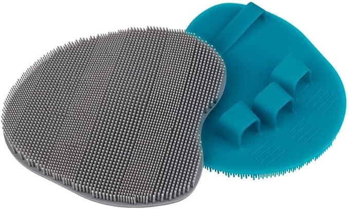 2 Pack Soft Silicone Shower Brush, Body & Face & Short Hair Wash, Bath Exfoliating Skin Massage Scrubber, Dry Skin Brushing Glove Loofah, Fit for Sensitive and All Kinds of Skin (Blue+Gray)