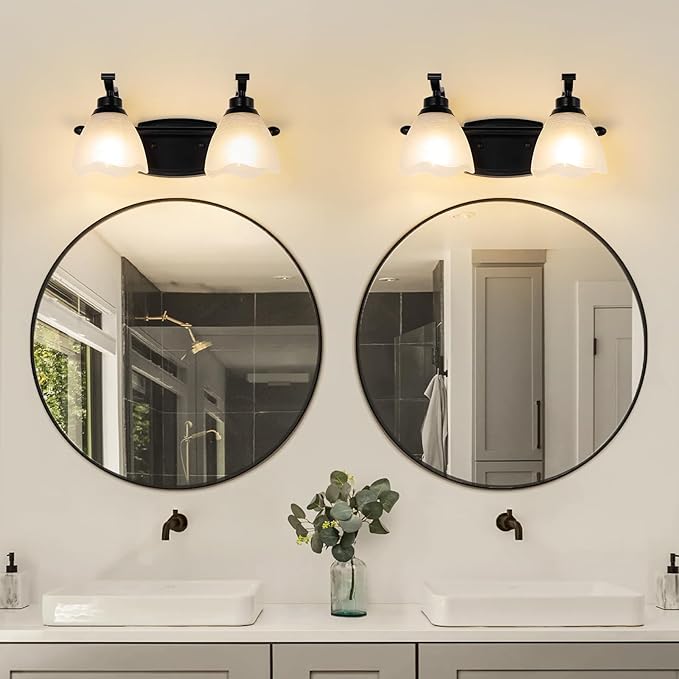 Bathroom Light Fixtures (2-Light, 15 Inch), Matte Black Vanity Lights for Bathroom with White Frosted Glass Shade, Modern Vanity Wall Lights for Mirror Bedroom Living Room Hallway