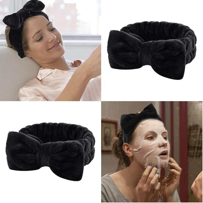 WHAVEL 6 Pack Spa Headbands,Black Makeup Microfiber Bowtie Headbands Soft Bowknot Fluffy Elastic Hair Band