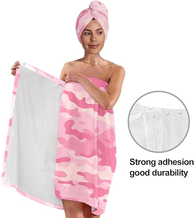 Women's Pink Camo Towel Wrap and Hair Drying Cap Set – Quick Dry Microfiber Shower Wrap with Adjustable Closure – Spa, Dorm, Gym, Military Gift for Her
