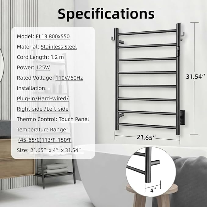 P&Dlusir Towel Warmer, Heated Towel Rack with Smart Timer and Thermo Control, Wall-Mounted Heated Towel Rail, Stainless Steel, Hard-Wired/Plug-in, Matte Black, 8 bar