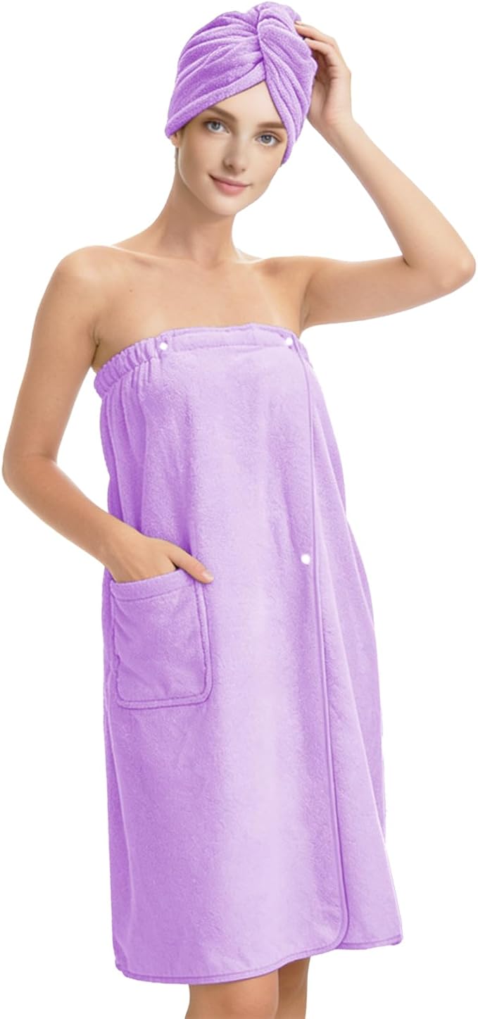 Women’s Adjustable Spa Wrap Towel Set, Microfiber Body Wrap Bathrobe with Matching Hair Towel, Super Absorbent & Quick Dry Shower Wrap for Home, Gym, Pool – Light Purple (Light Purple)