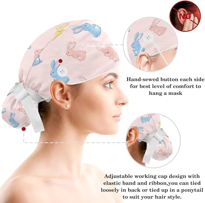 Scrub Caps Women Ponytail Cute Pink and White Leaves Caps Bouffant Working Hat Elastic Tie Back Hats with Button