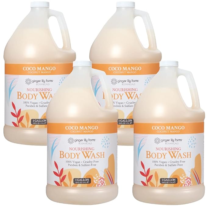 Ginger Lily Farms Botanicals Nourishing Body Wash, 100% Vegan & Cruelty-Free, Coconut Mango Scent, 1 Gallon Refill 128 Ounce (Pack of 4)