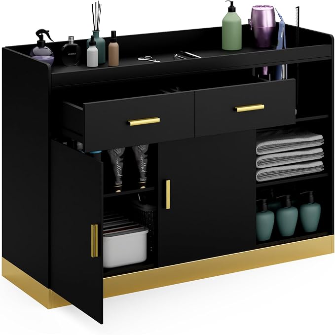 Salon Storage Cabinet Barber Station, Free Standing Hair Styling Station with Drawers, Hair Dryer Holders and Adjustable Shelves, Beauty Salon Spa Equipment