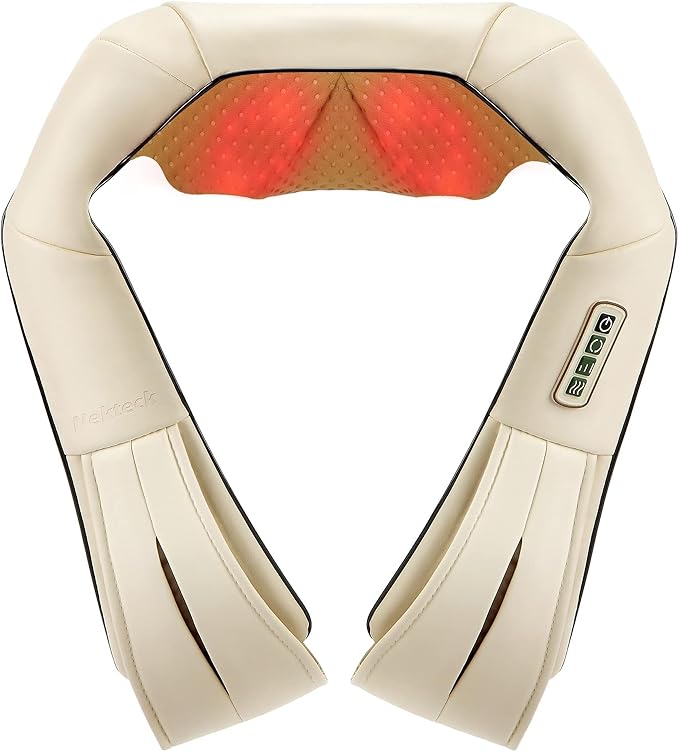 Nekteck Shiatsu Neck Massager with Heat for Pain Relief Deep Tissue, 2026 Upgraded 3D Back Shoulder Kneading Massage Pillow, Relaxation Gifts for Him Her Mom Dad Mother's Day, Beige (NOT Cordless)