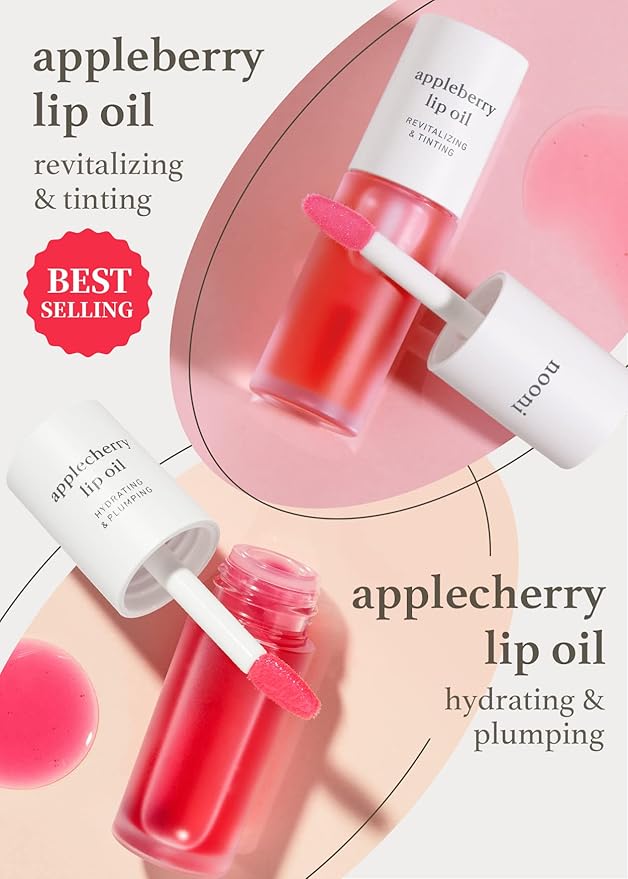 NOONI Korean Lip Oil Set - Appleberry & Applecherry | Long-Lasting, Moisturizing, Plumping, Revitalizing for Dry Lips, Waterproof, No Peel Off, Stocking Stuffers, lip plumper 0.12 FL Oz x 2ea