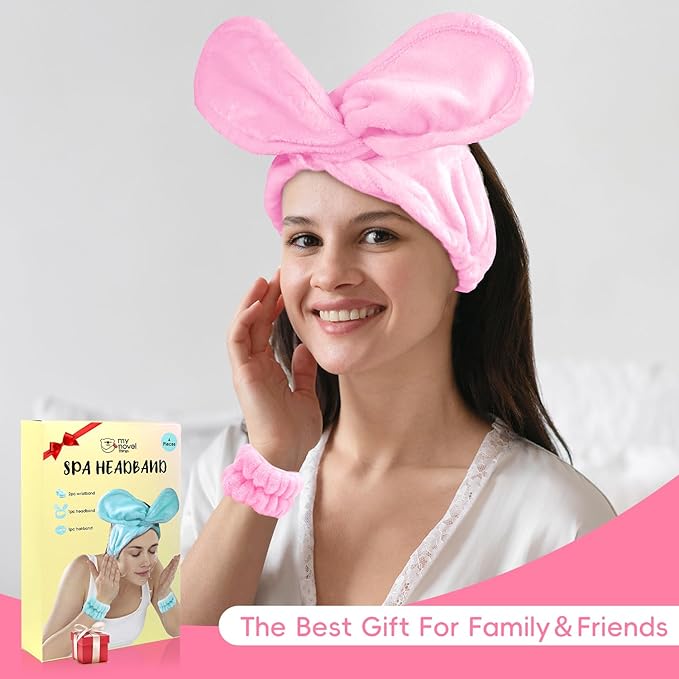 my novel things Hair Band for Washing Face, Adjustable Skincare Spa Headband and Wristband Set for Women Girl, Makeup Hair Headbands Cute Pink Versatile Fun Gift for Friend
