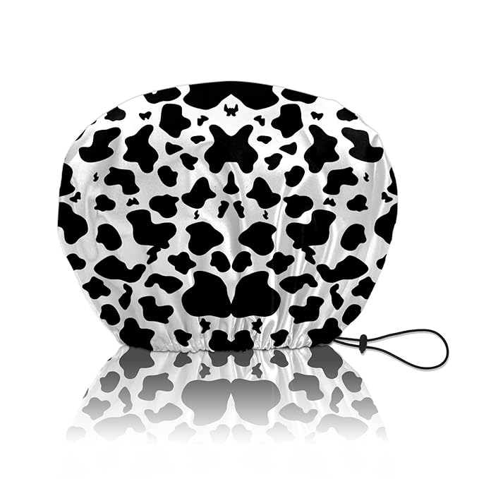 Shower Cap Reusable Double Layer Adjustable Elastic Waterproof EVA Hair Bath Caps for Women Girls Cute Aesthetic-Cow Leopard