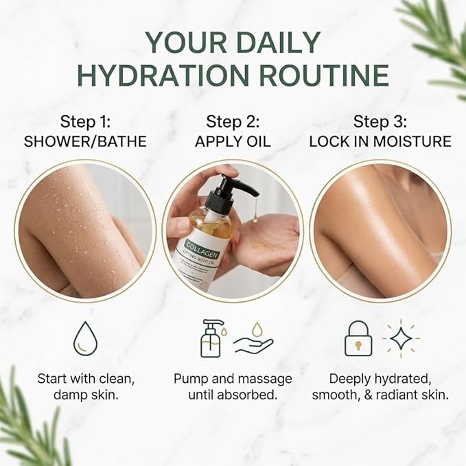 Elycura Collagen Lifting Body Oil for Skin, Lightweight Non Greasy After Shower Body Care, Helps Soften Crepey Skin, Hydrating Moisturizing Body Oil for Firmer Smoother Looking Skin, 3.38 Fl Oz