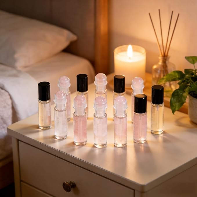 Didiseaon 9Pcs Essential Oil Roller Ball Tops for 10ml Oil Bottles, Replacement Rollers with Rose Quartz Roll-On Applicator Inserts for Aromatherapy DIY Blends Travel