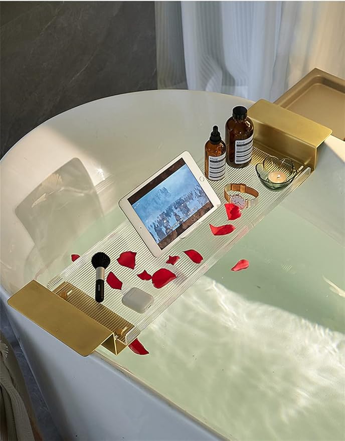 WANLIAN 33 Inch Luxury Bathtub Caddy Tray - Shelf for Shower Storage, Organizer for Bathtub, Clear-B
