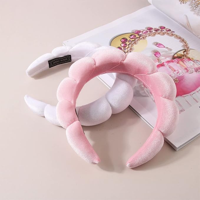 Luckybear Spa Headband for Washing Face, Velvet Makeup Headband with Face Wash Wristbands - Pink