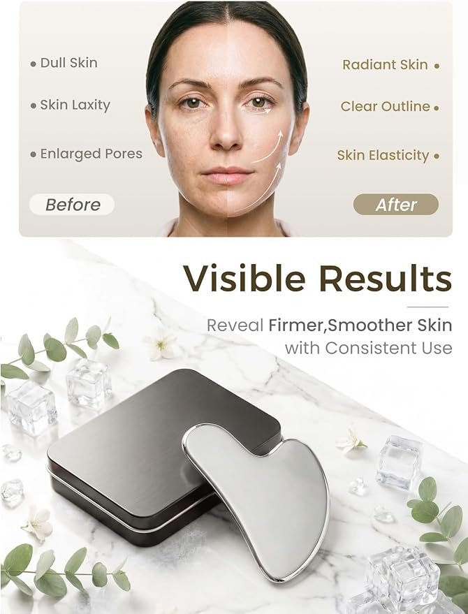 Gua Sha Facial Tool – Stainless Steel Guasha Tool for Face, Neck & Body – Gua Sha Tool for Lymphatic Drainage, Puffiness Reduction & Targeted Tension Relief – Beauty Skin Care Gift (Silver)