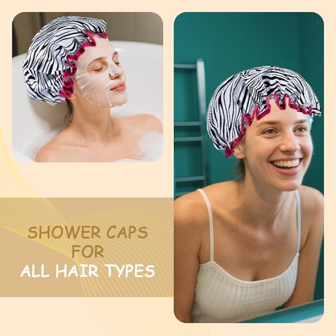 Vintage Zebra Print Shower Cap for Women Reusable Waterproof Large Adjustable Cute Shower Caps for Women Washable Elastic Womens Big Bathing Cap for Long Short Hair Zebra Print Bath Caps for Washing