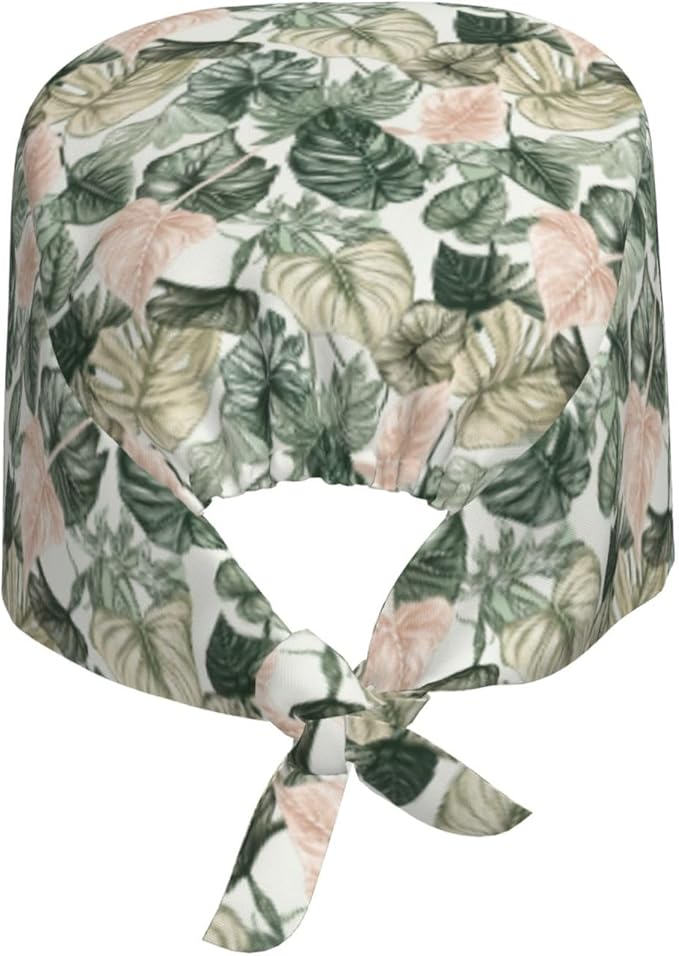 Scrub Cap for Women and Men Boho Black Leaf Pattern Adjustable Breathable Sweatband Hat for Work Kitchen Spa Shower Daily Use