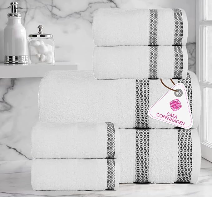 CASA COPENHAGEN Solitaire 6Pcs 100% Egyptian Cotton Large Designer Towels Gift Set- Snow White, 600GSM, 2Bath 2Hand 2Washcloths, Bath Towels for Bathroom Set for Women & Men