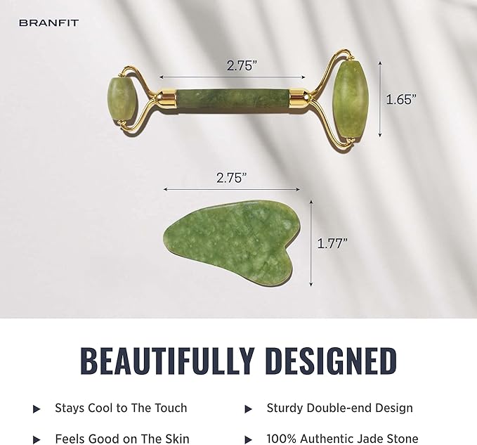 Gua Sha Massage Tool Jade Roller Skin Care Kit by Branfit, 100% Natural Jade Roller Beauty Product for Anti-Aging & Anti-Wrinkle Treatment, Massager Wand for Neck and Puffy Eye Area