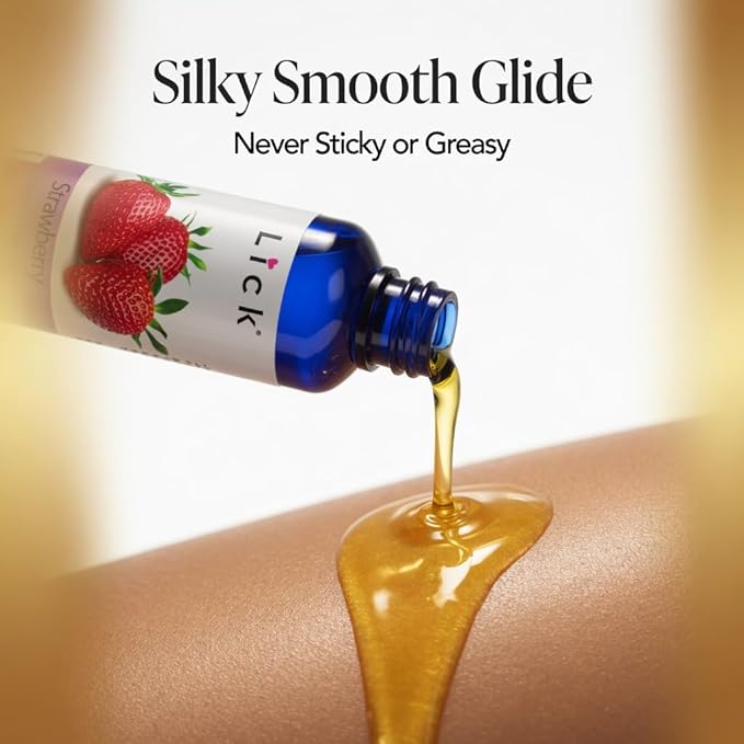 Lick Strawberry Flavored Massage Oil with Natural Vitamin E - Aromatherapy & Moisturizing Body Oil for Relaxing Muscle Massage - Essential Non-Sticky Skin Therapy for Men and Women - 4 oz