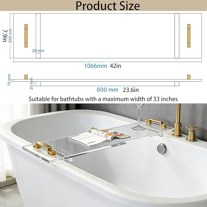 1CM Thick Clear Acrylic Bathtub Caddy with Metal Handles, Multifunctional Bath Tray for Wine Glass, Phone, Book & Bathroom Essentials, Fits Most Tubs, Spa Gift for Men & Women (42in)
