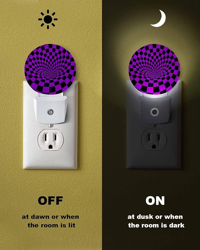 Night Lights Auto Sensor Purple Black Checker Night Light 3D Abstract Mosaic Tiles Round Lamp Plug-in LED Nightlights Dusk to Dawn for Living Room Bedroom Bathroom Hallway Wall Decor